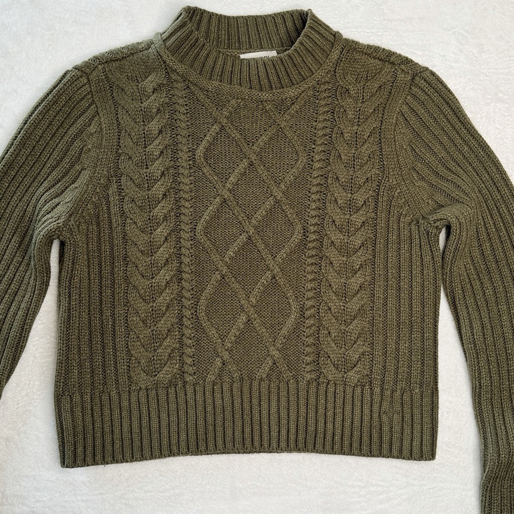 Tommy Jeans Olive Cable Knit Mock‎ Neck Cropped Sweater Women's Small Preppy